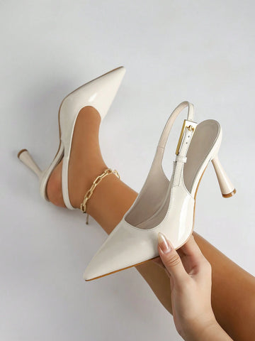 Women's Pointed Toe Fashion Button Detail Patent Leather Slip-On Heeled Pumps Women's Pointed Toe Fashion Button Detail Patent Leather Slip-On Heeled Pumps