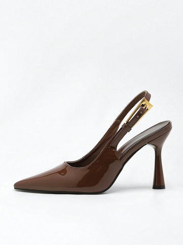 Women's Pointed Toe Fashion Button Detail Patent Leather Slip-On Heeled Pumps Women's Pointed Toe Fashion Button Detail Patent Leather Slip-On Heeled Pumps