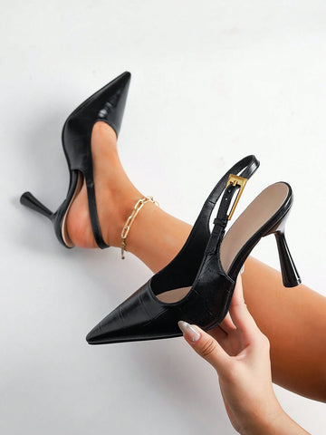 Women's Pointed Toe Fashion Button Detail Patent Leather Slip-On Heeled Pumps Women's Pointed Toe Fashion Button Detail Patent Leather Slip-On Heeled Pumps