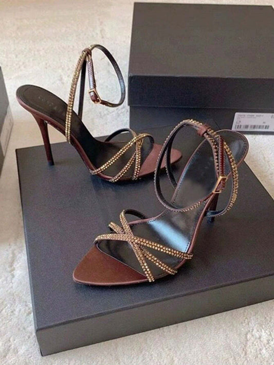 Rhinestone Decorated Satin Peep Toe Sexy Criss-Cross Strap High Heel Sandals