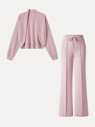 Long Sleeve Drop-Shoulder Cardigan & High-Rise Flare Pants with Pockets
