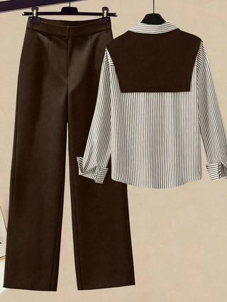 Striped Shawl Collar Shirt And High Waist Wide Leg Pants