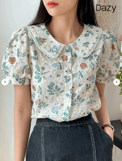 DAZY Floral Embroidery Peter Pan Collar Puff Sleeve Blouse