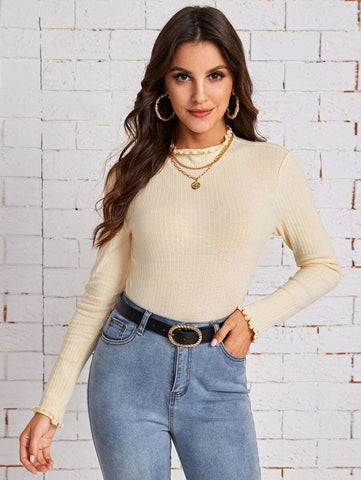 EZwear Lettuce Trim Rib-knit Top