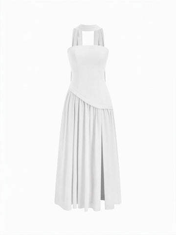 Chiffon Sculptural Halter Neckline Lace Up Maxi Bobycon Dress With Scarf