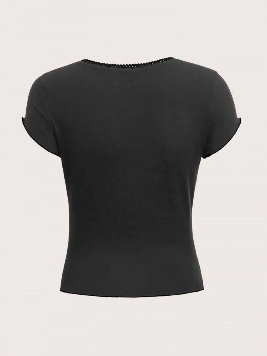 ROMWE Sweetness Contrast Binding Tie Front Tee