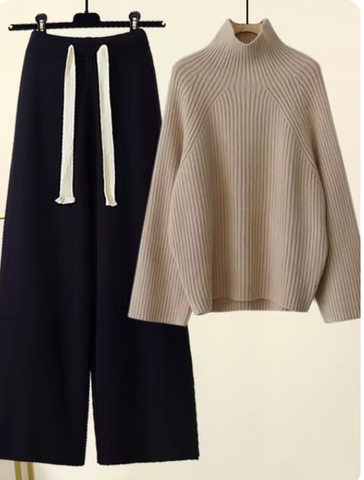 Women Turtleneck Long Sleeve Pullover Sweater+high Waist Wide Leg Drawstring Knitted Pants Sets