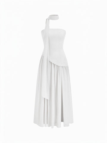 Chiffon Sculptural Halter Neckline Lace Up Maxi Bobycon Dress With Scarf