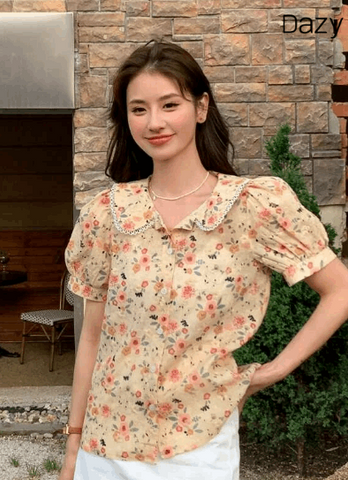 DAZY Floral Embroidery Peter Pan Collar Puff Sleeve Blouse