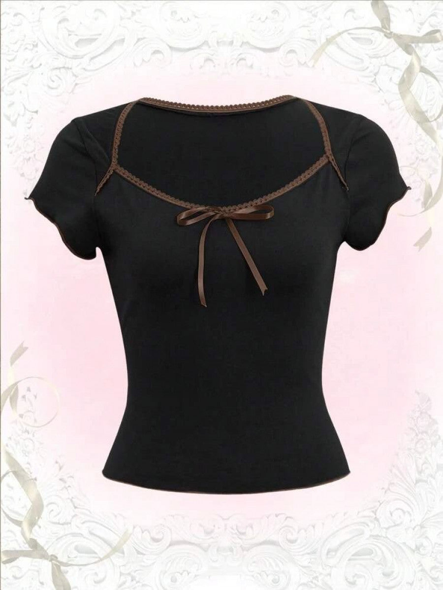 ROMWE Sweetness Contrast Binding Tie Front Tee