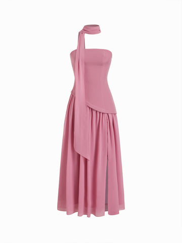 Chiffon Sculptural Halter Neckline Lace Up Maxi Bobycon Dress With Scarf