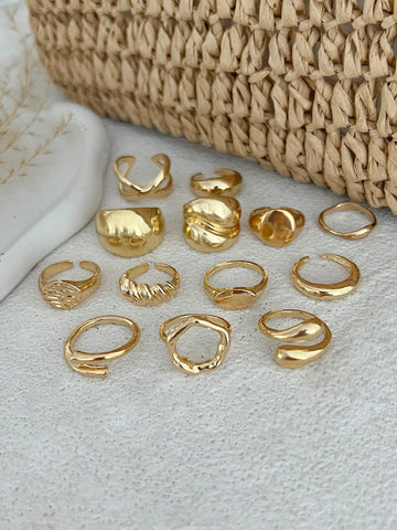 14pcs Minimalist Fashion Asymmetrical Metallic Gold Water Drop Shape Rings