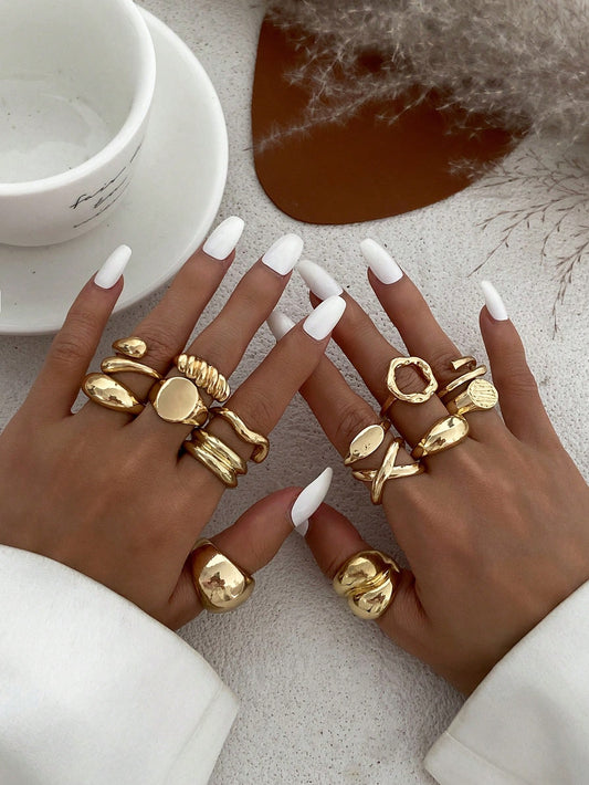 14pcs Minimalist Fashion Asymmetrical Metallic Gold Water Drop Shape Rings