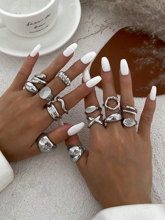 14pcs Minimalist Fashion Asymmetrical Metallic Gold Water Drop Shape Rings