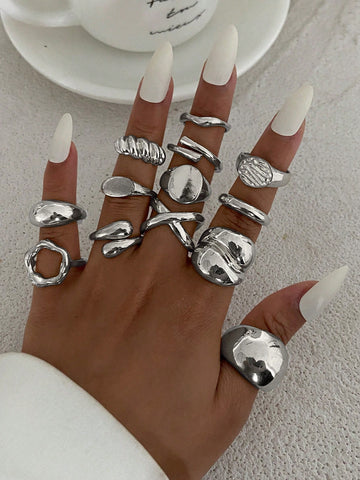 14pcs Minimalist Fashion Asymmetrical Metallic Gold Water Drop Shape Rings