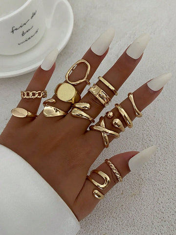 14pcs Minimalist Fashion Asymmetrical Metallic Gold Water Drop Shape Rings