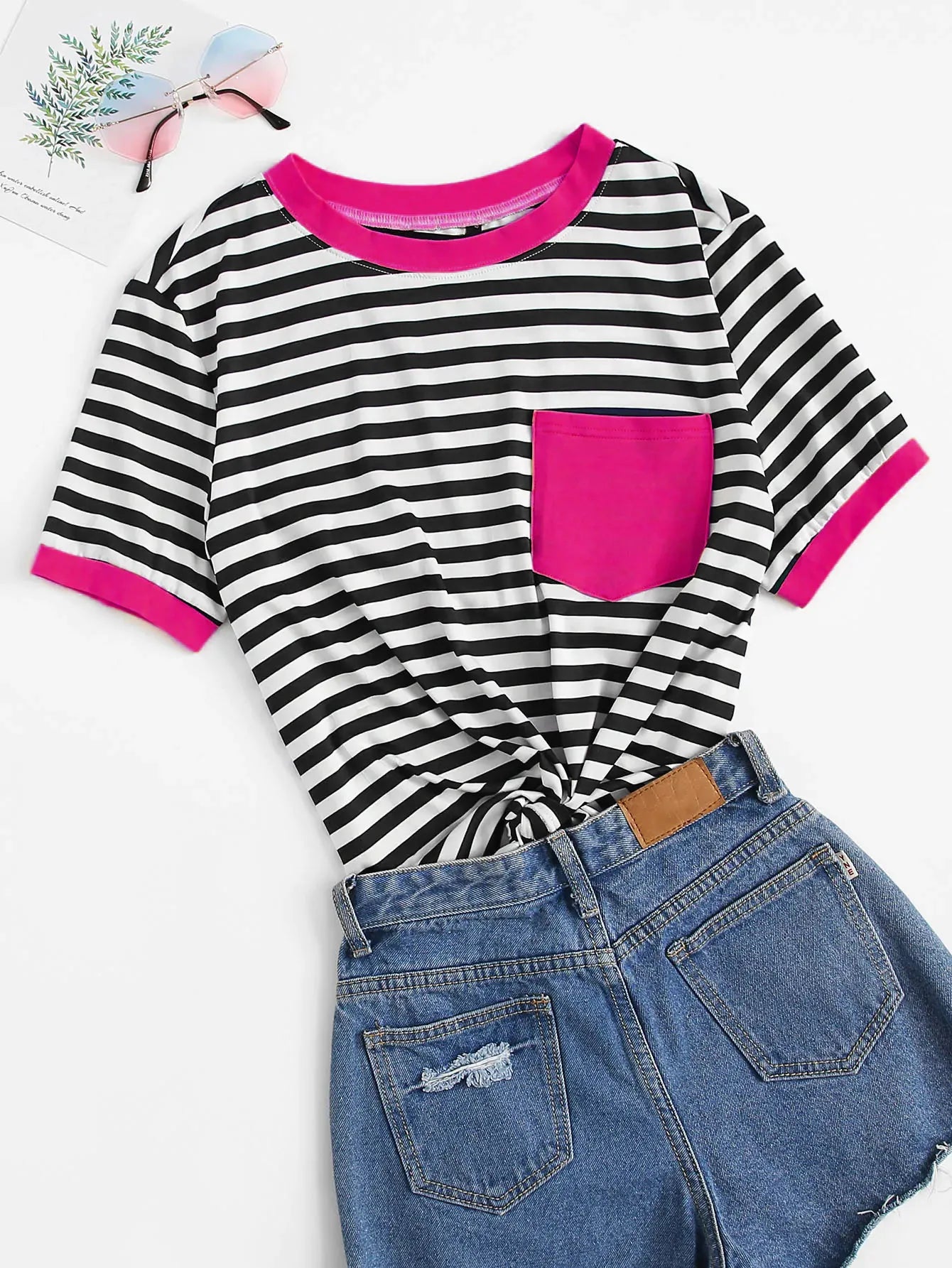 EZwear Neon Green Pocket Patched Striped Ringer Tee