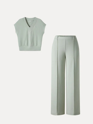 V-Neck Short Sleeve Top & Cropped Straight-Leg Pants