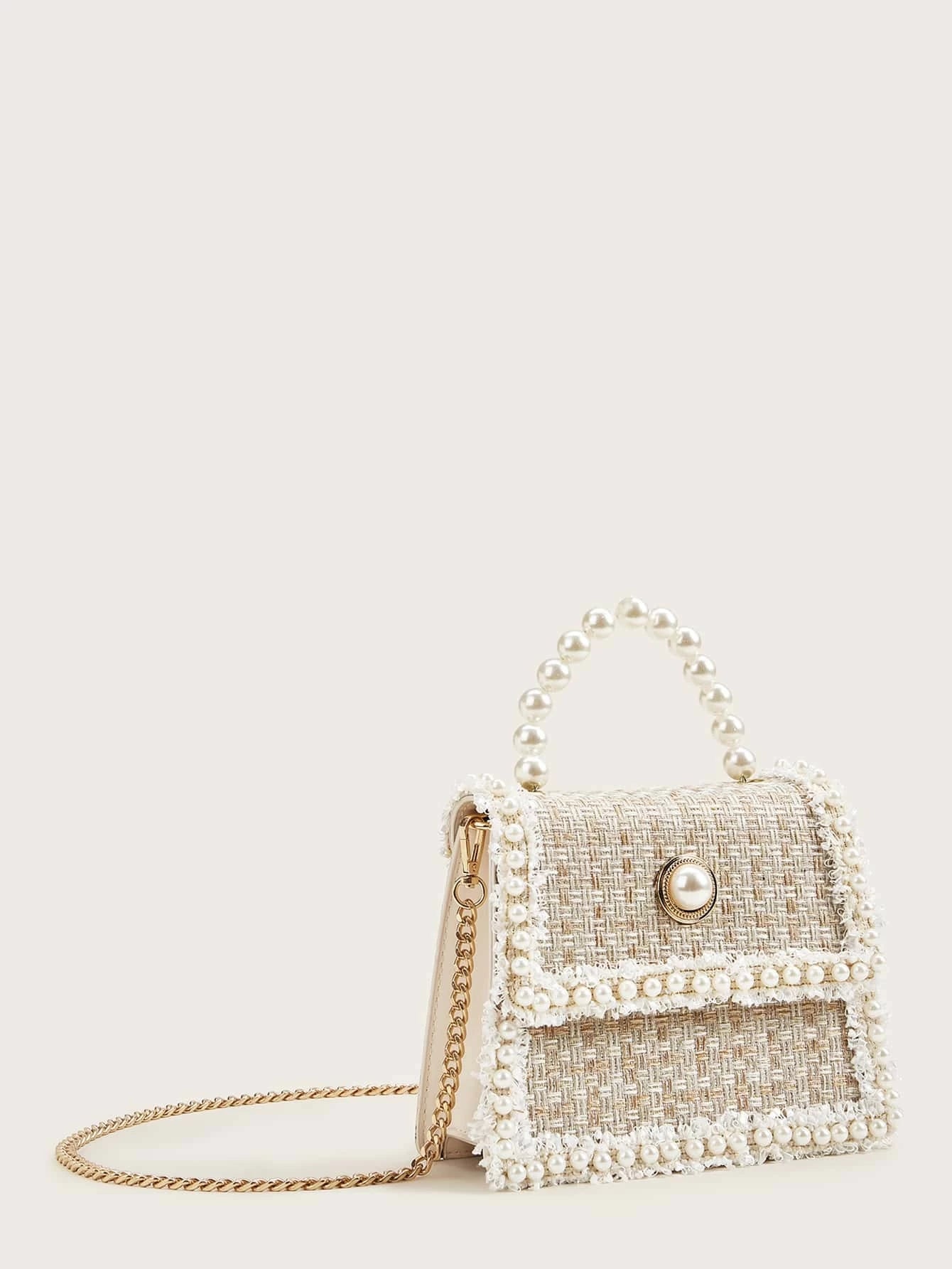 Elegant, Exquisite Mini Faux Pearl Decor Tweed Satchel Bag