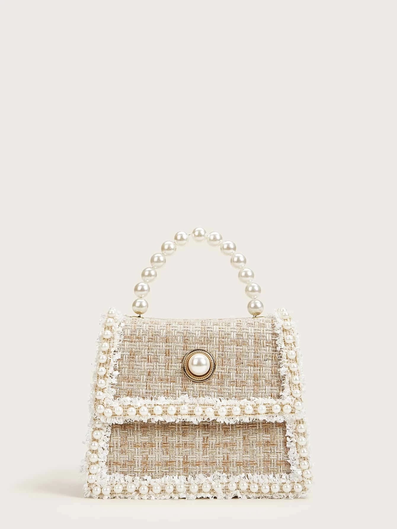 Elegant, Exquisite Mini Faux Pearl Decor Tweed Satchel Bag