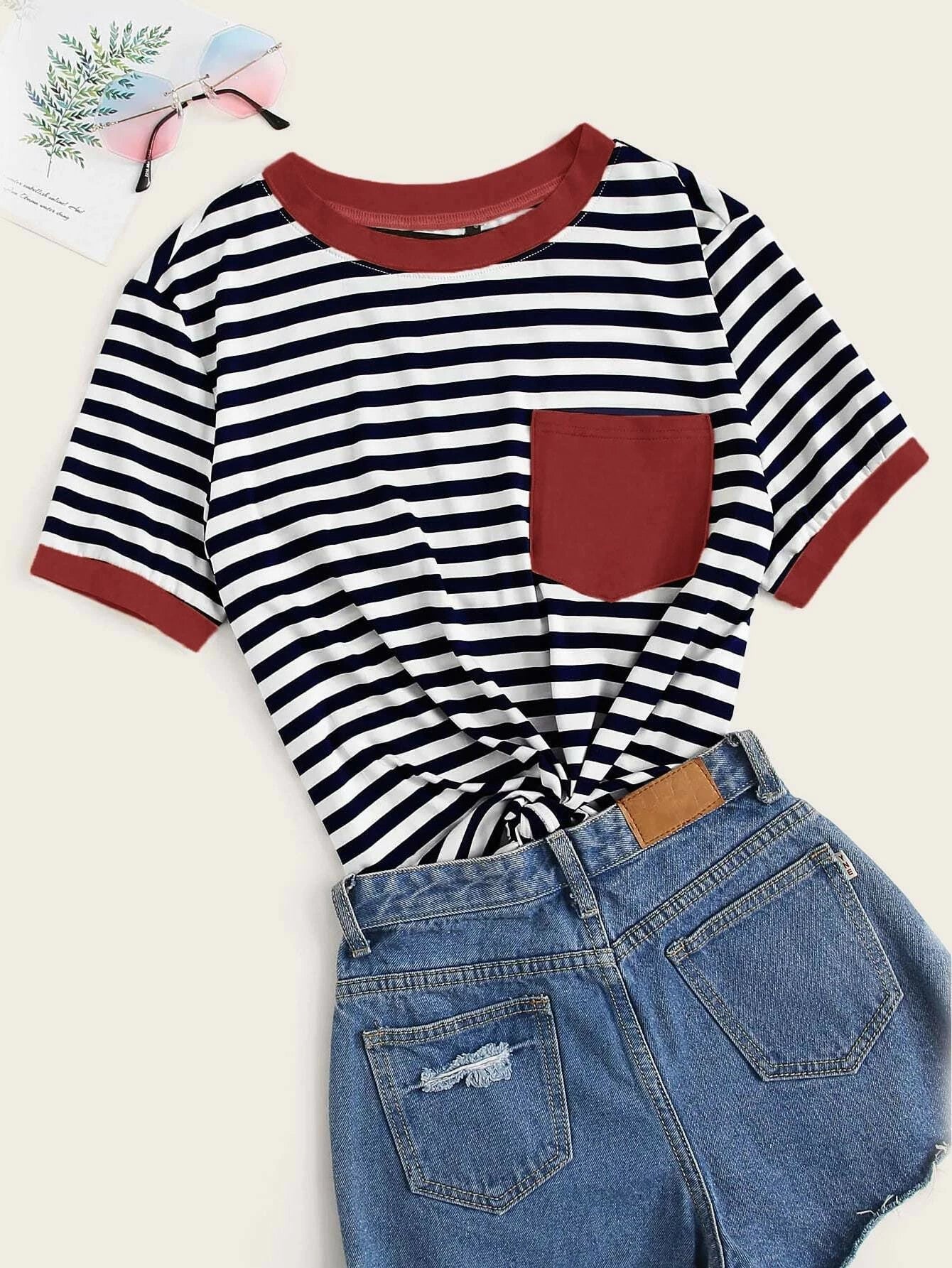 EZwear Neon Green Pocket Patched Striped Ringer Tee