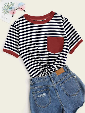 EZwear Neon Green Pocket Patched Striped Ringer Tee