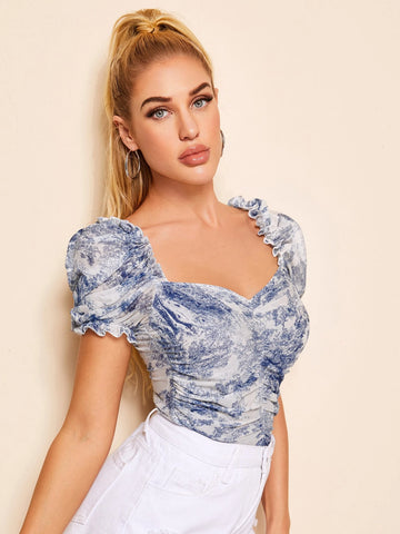 Privé Ruched Landscape Print Mesh Milkmaid Top