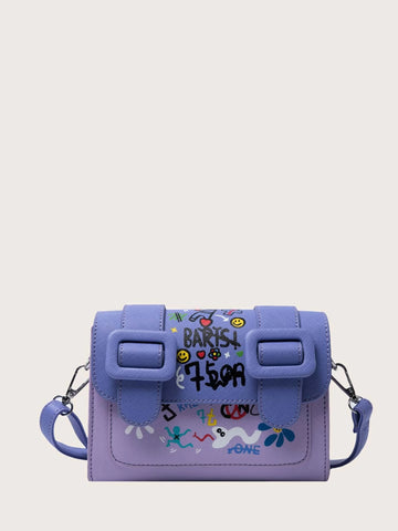 Teenage Girls' Personality Graffiti Pattern Shoulder Bag With Flap