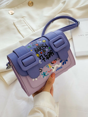 Teenage Girls' Personality Graffiti Pattern Shoulder Bag With Flap