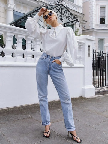 Priv� Collared Lantern Sleeve Buttoned Front Blouse
