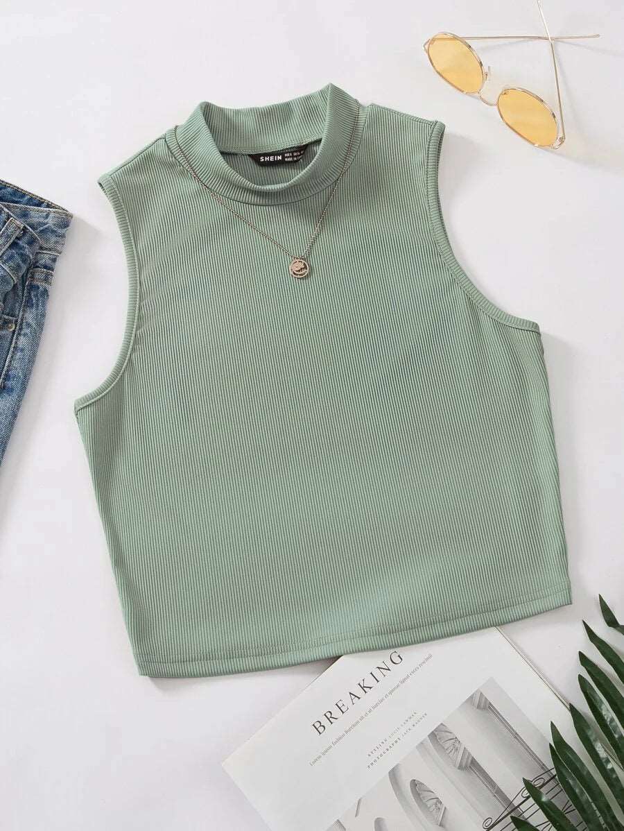 EZwear Mock Neck Rib-knit Tank Top