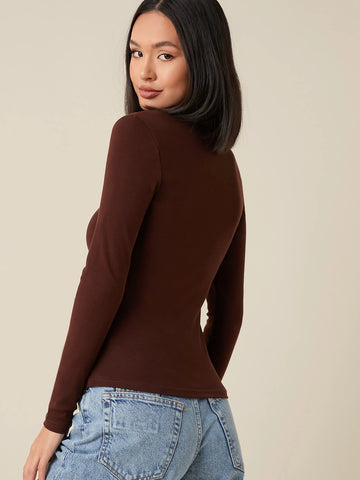 BASICS Women Solid Color Long Sleeve Fitted Casual Top