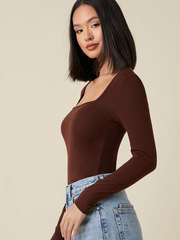 BASICS Women Solid Color Long Sleeve Fitted Casual Top