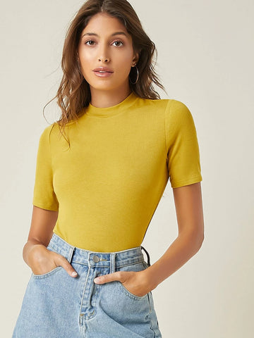 BASICS Mock Neck Rib-knit Tee