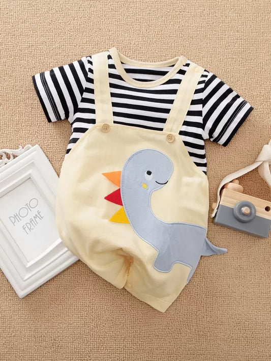Baby Boy Cartoon Patched Striped Romper