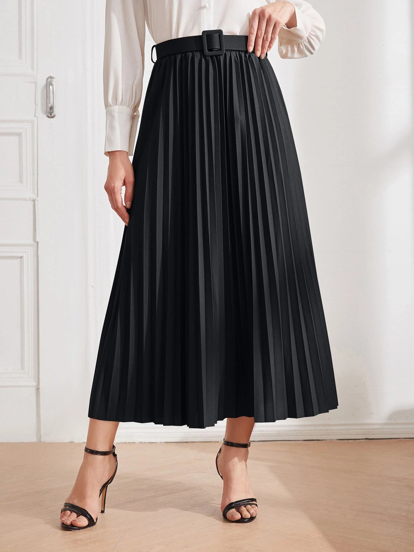 Modely Solid Belted Pleated Skirt Maxi Women Outfit