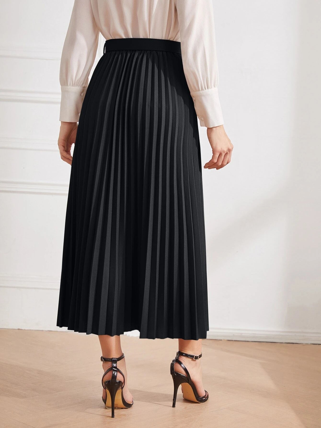 Modely Solid Belted Pleated Skirt Maxi Women Outfit