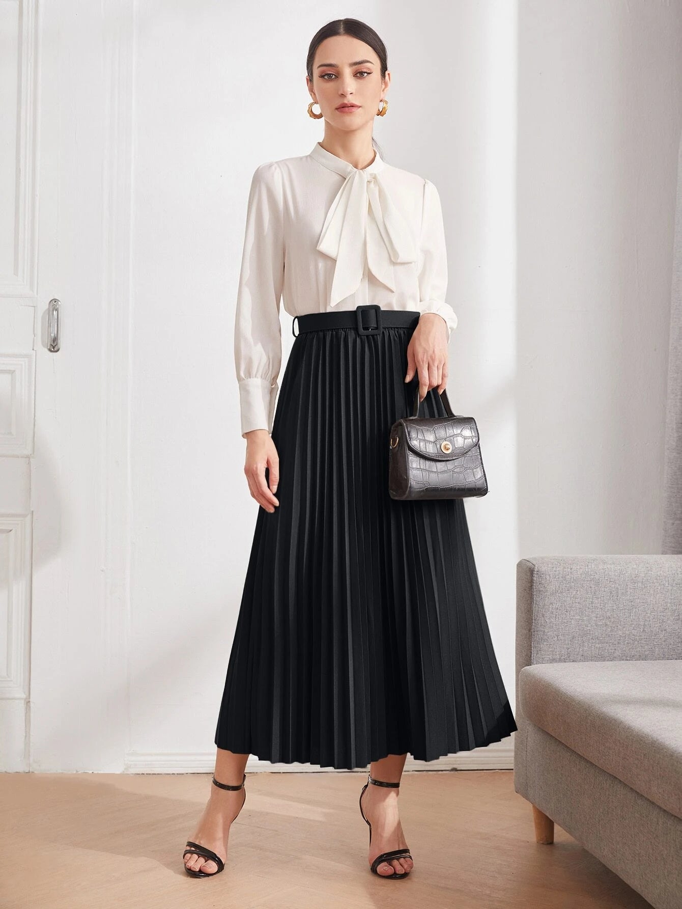 Modely Solid Belted Pleated Skirt Maxi Women Outfit