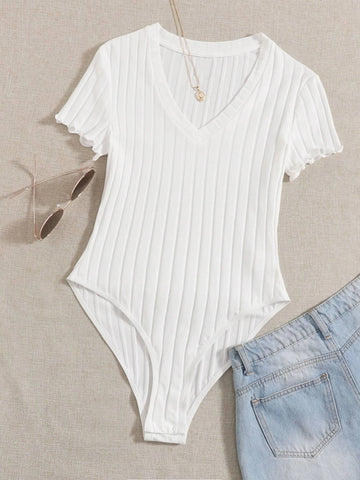 EZwear Solid Ribbed Knit V Neck Bodysuit For Summer