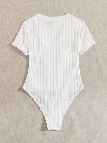 EZwear Solid Ribbed Knit V Neck Bodysuit For Summer