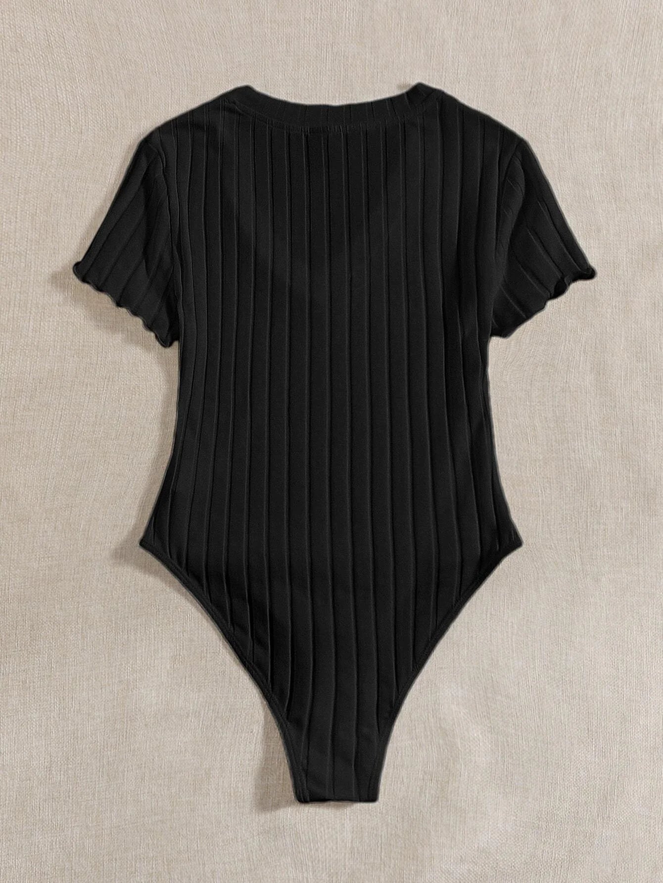 EZwear Solid Ribbed Knit V Neck Bodysuit For Summer