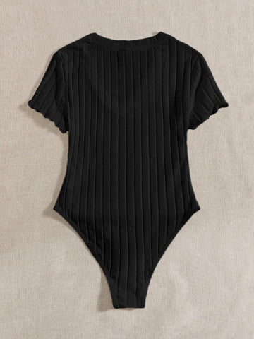 EZwear Solid Ribbed Knit V Neck Bodysuit For Summer