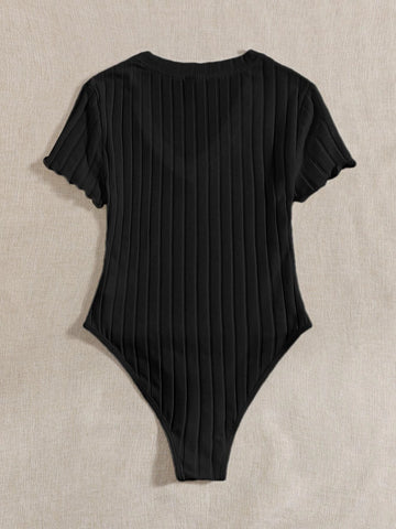 EZwear Solid Ribbed Knit V Neck Bodysuit For Summer