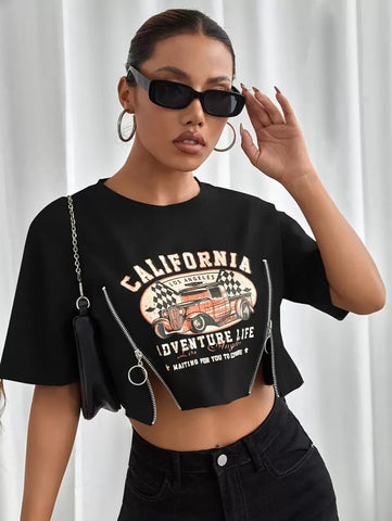 StreetHx Car & Slogan Print Zipper Short Sleeve Crop Top
