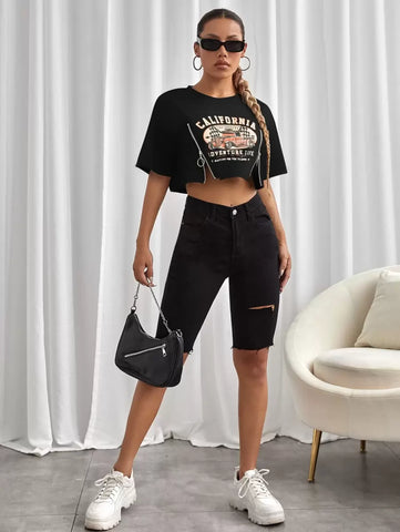 StreetHx Car & Slogan Print Zipper Short Sleeve Crop Top