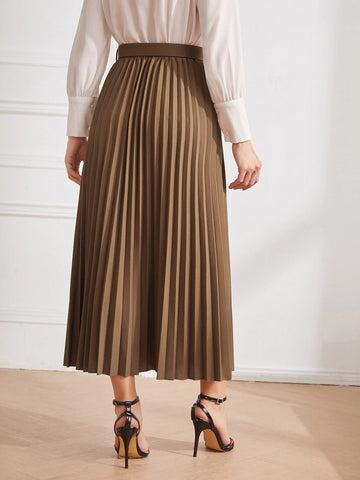 Modely Solid Belted Pleated Skirt Maxi Women Outfit