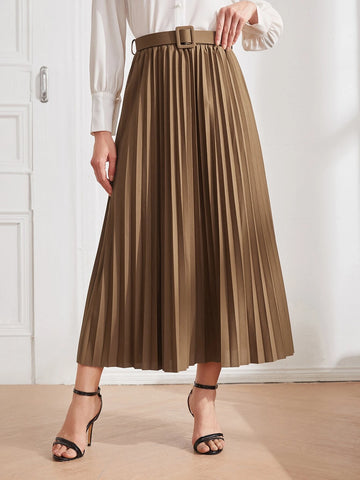 Modely Solid Belted Pleated Skirt Maxi Women Outfit