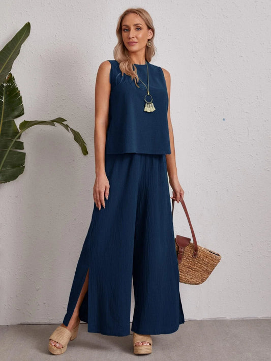 EMERY ROSE Keyhole Back Solid Top & Split Hem Palazzo Pants Set