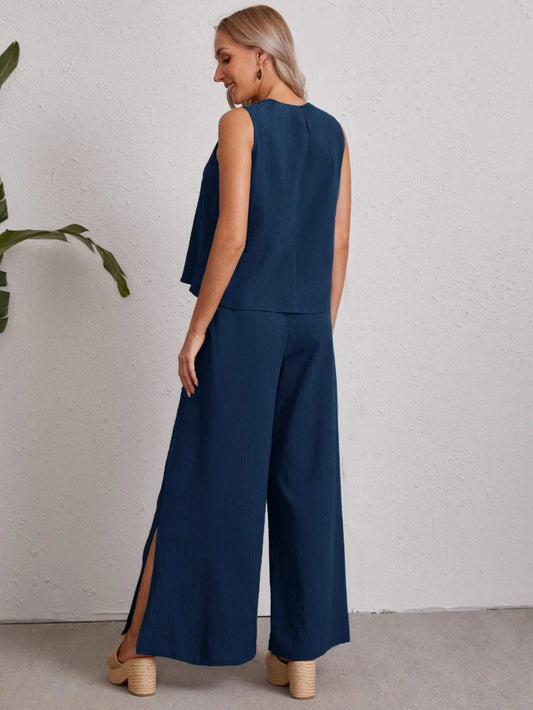 EMERY ROSE Keyhole Back Solid Top & Split Hem Palazzo Pants Set