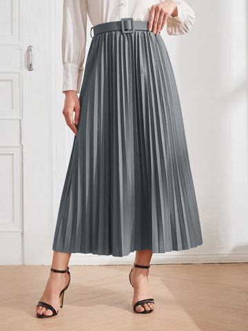 Modely Solid Belted Pleated Skirt Maxi Women Outfit